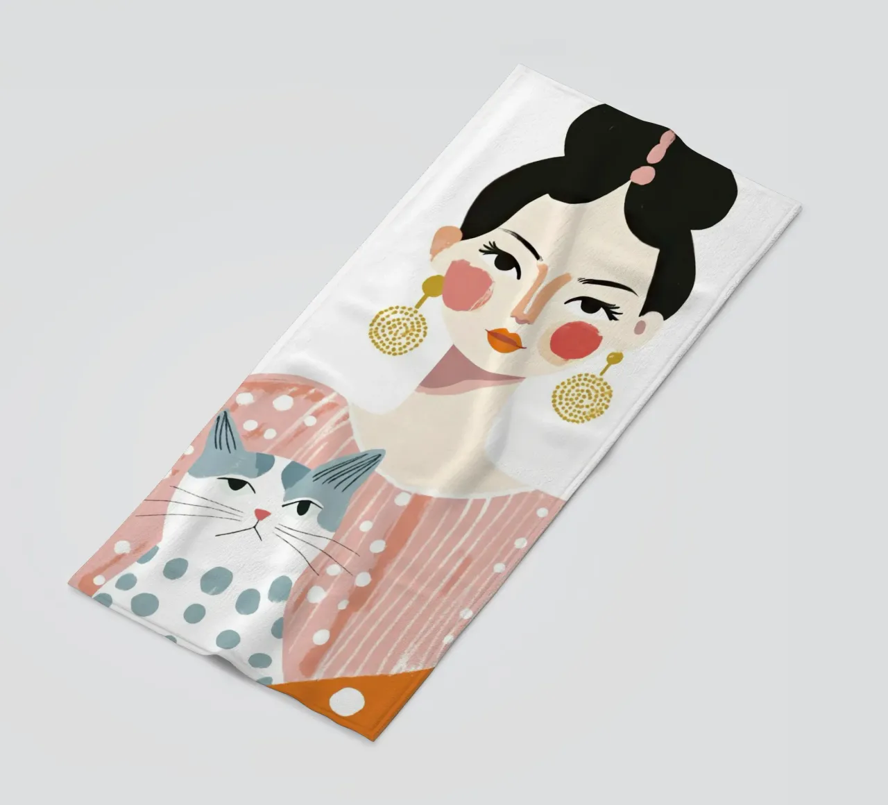 Whimsical Mid-Century Black-Haired Girl with Dotted Gray Cat beach towel by Modern Muse