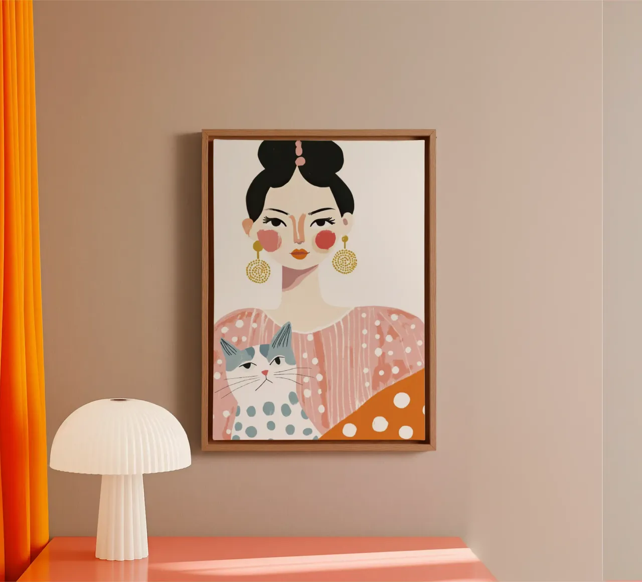 Whimsical Mid-Century Black-Haired Girl with Dotted Gray Cat canvas by Modern Muse