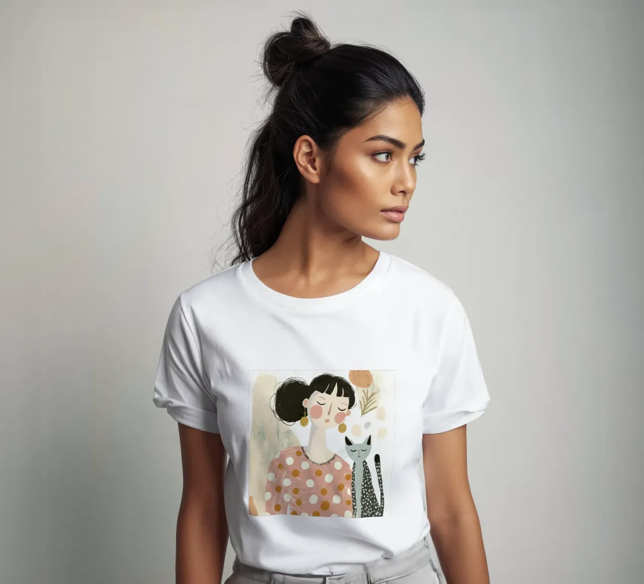 Whimsical Mid-Century Black-Haired Girl with Dotted Gray Cat t-shirt by Modern Muse