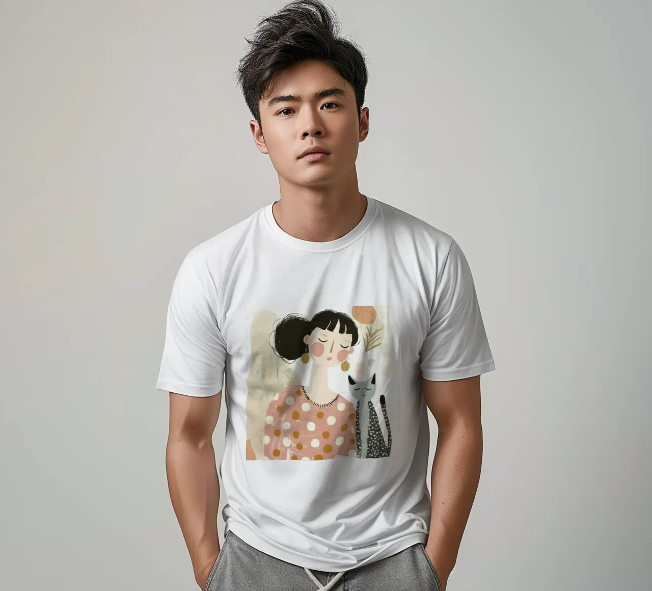 Whimsical Mid-Century Black-Haired Girl with Dotted Gray Cat t-shirt by Modern Muse