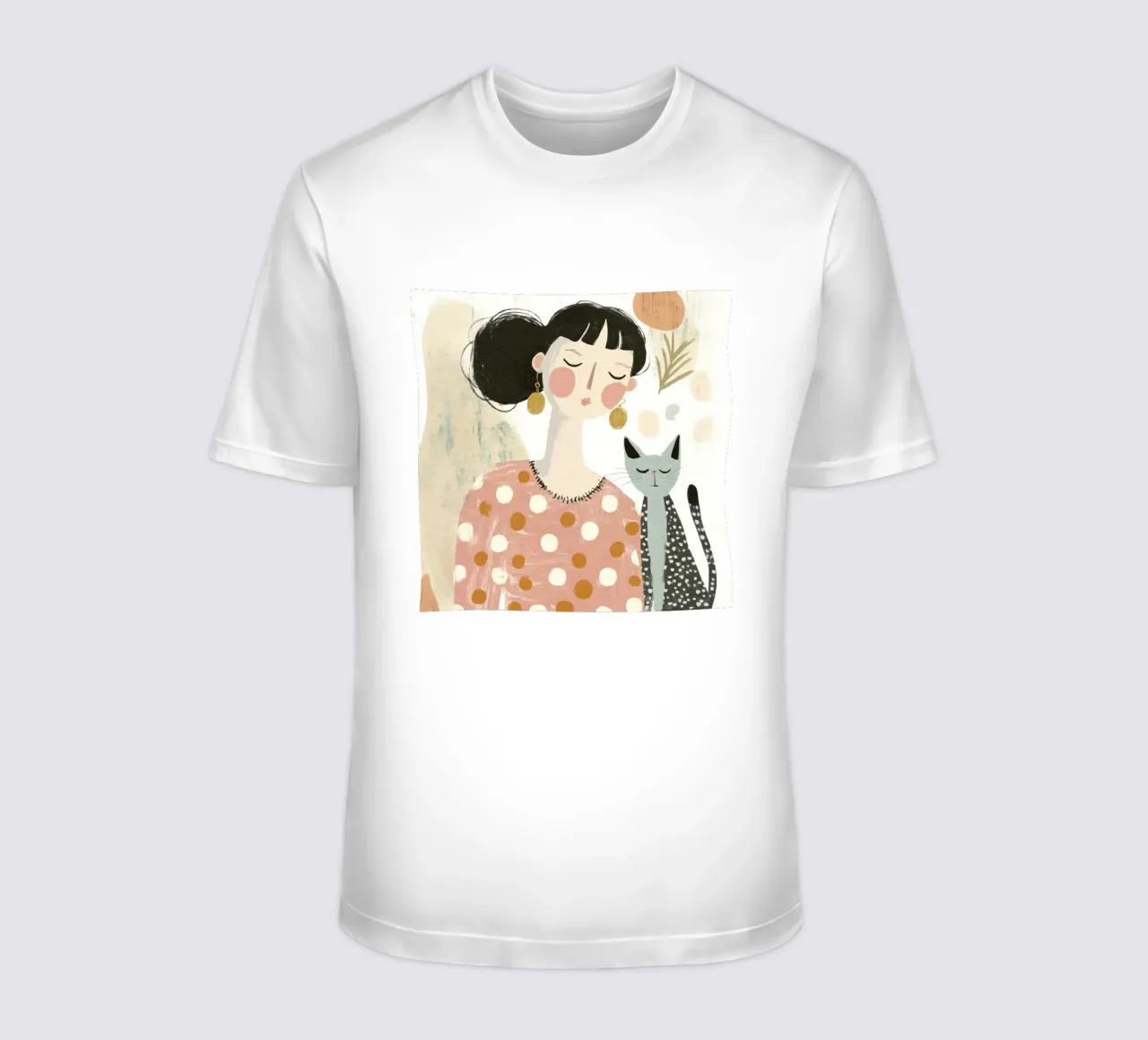 Whimsical Mid-Century Black-Haired Girl with Dotted Gray Cat t-shirt by Modern Muse