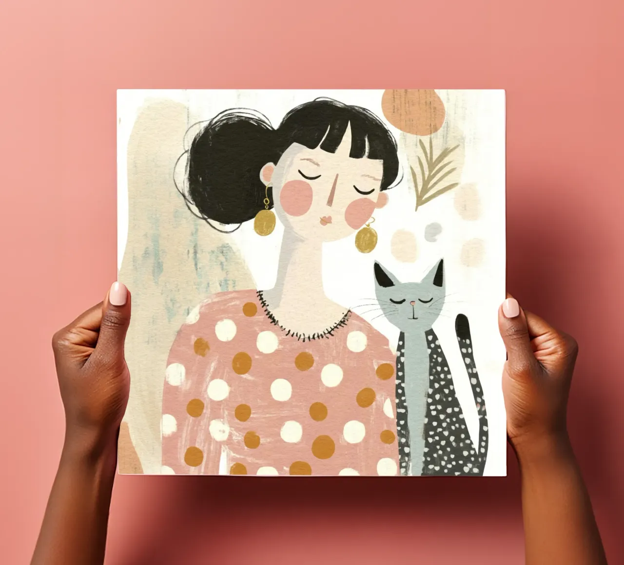 Whimsical Mid-Century Black-Haired Girl with Dotted Gray Cat sticker sheet by Modern Muse