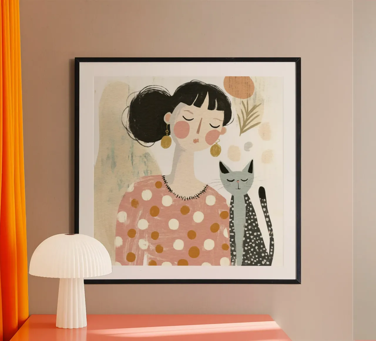 Ragazza stravagante di metà secolo dai capelli neri con gatto grigio a pois carta hahnemühle da Modern Muse