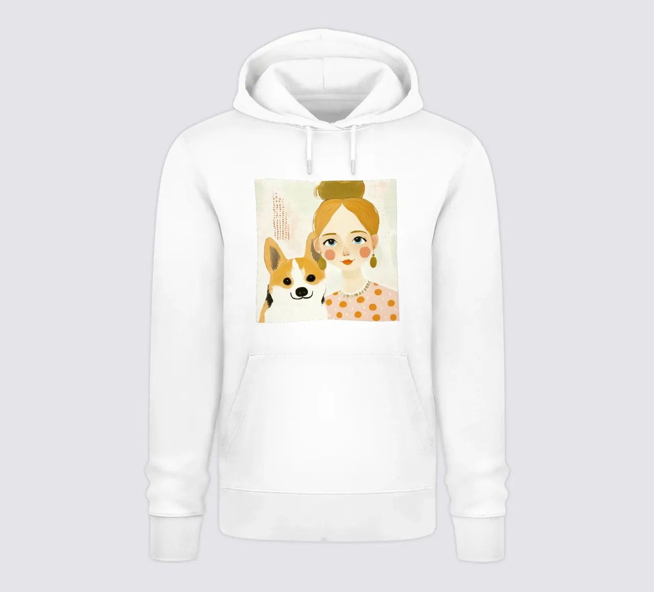 Estrosa ragazza bionda di metà secolo con Corgi sorridente felpa con cappuccio da Modern Muse