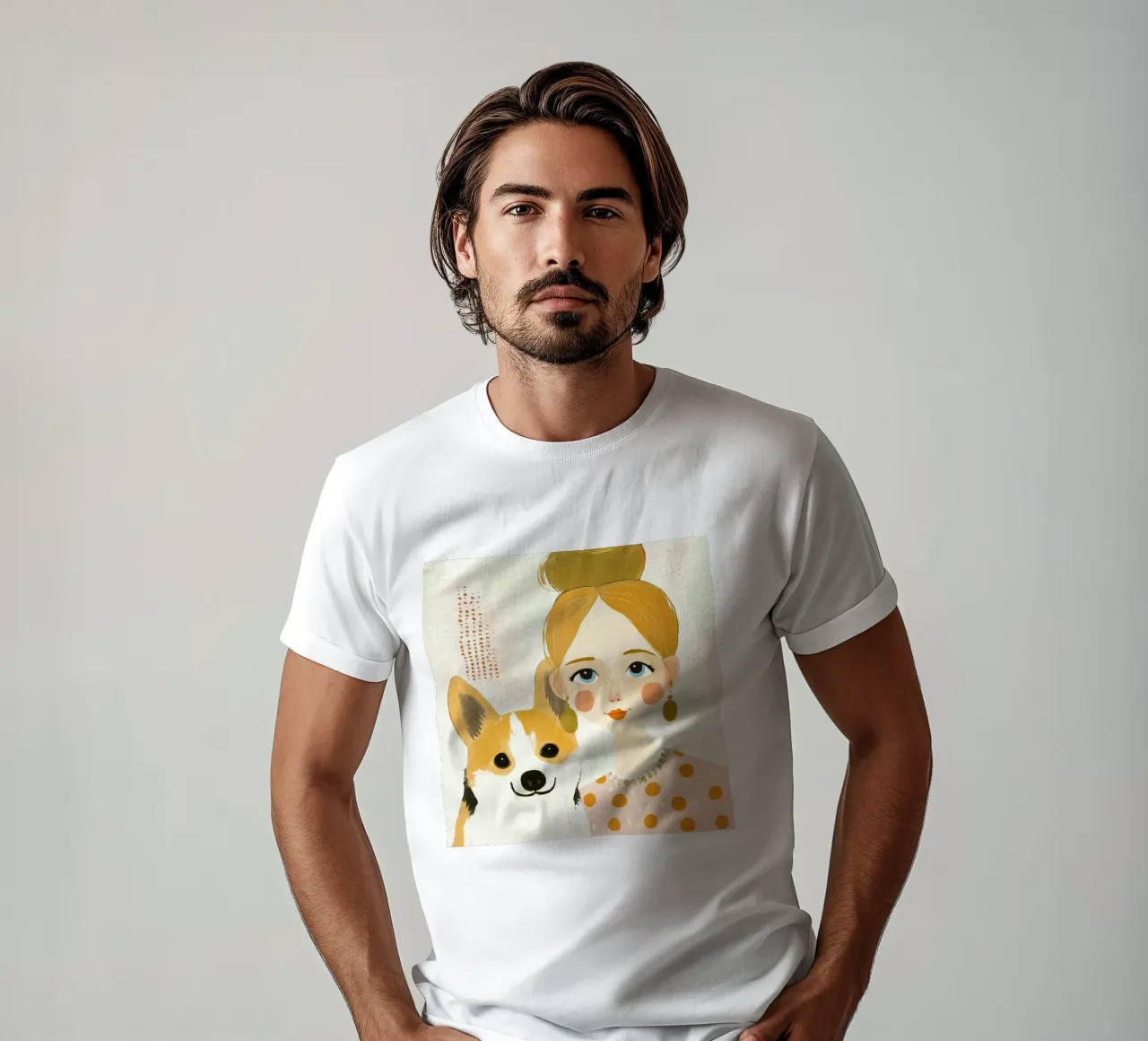Estrosa ragazza bionda di metà secolo con Corgi sorridente t-shirt da Modern Muse