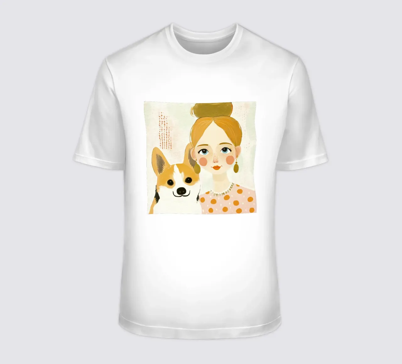 Estrosa ragazza bionda di metà secolo con Corgi sorridente t-shirt da Modern Muse