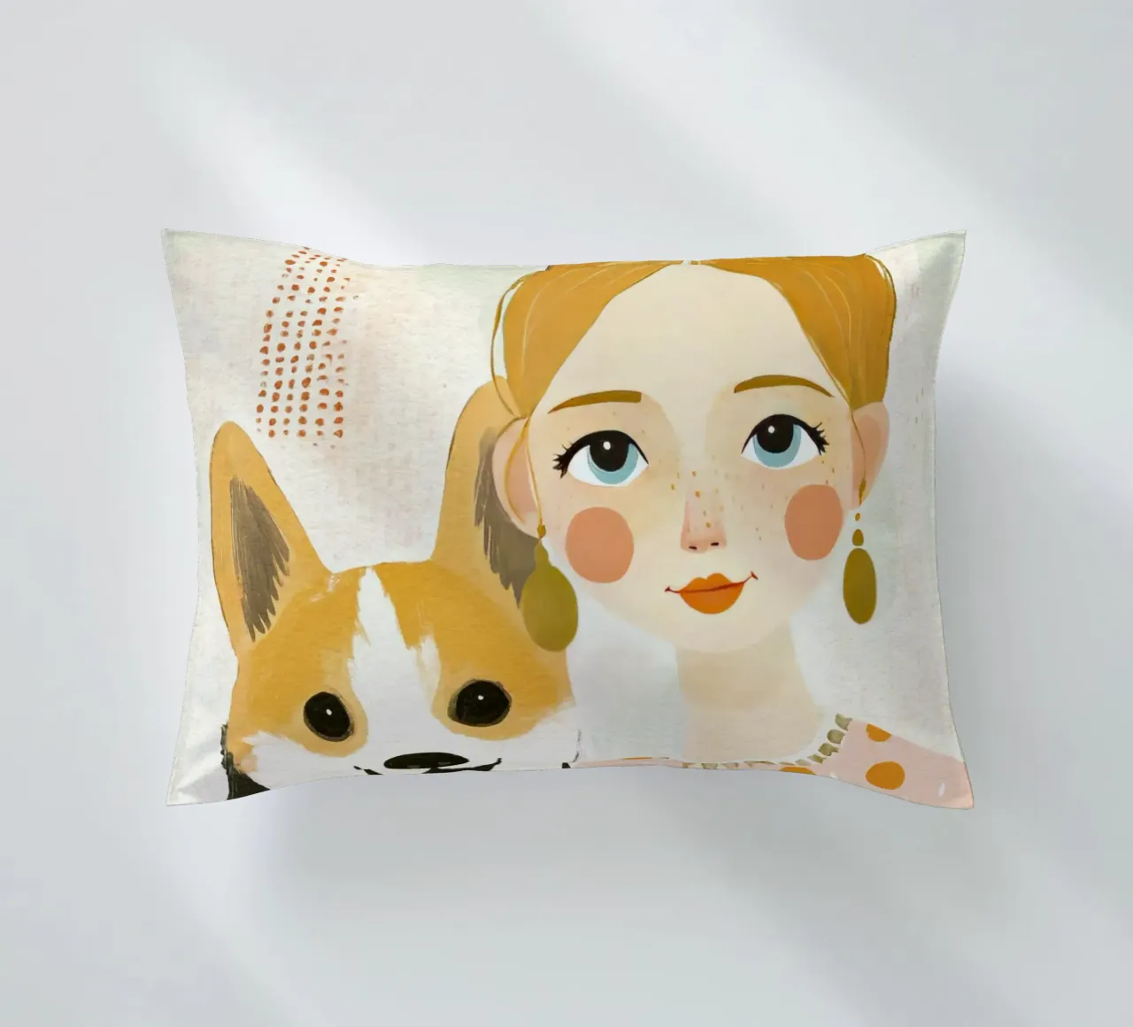 Estrosa ragazza bionda di metà secolo con Corgi sorridente cuscino da Modern Muse