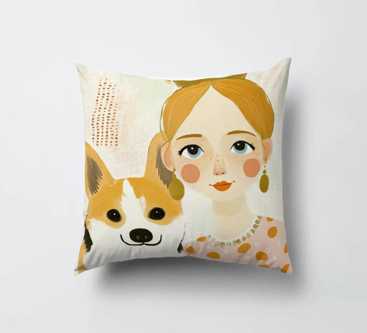 Estrosa ragazza bionda di metà secolo con Corgi sorridente cuscino da Modern Muse
