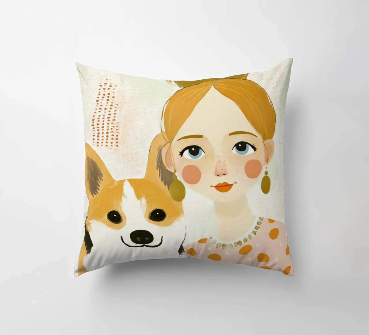 Estrosa ragazza bionda di metà secolo con Corgi sorridente cuscino da Modern Muse