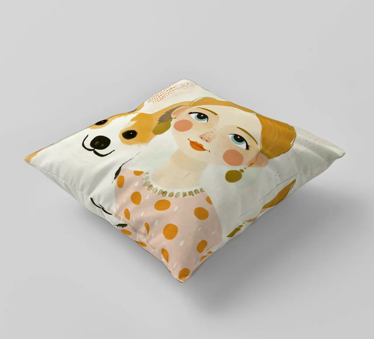 Estrosa ragazza bionda di metà secolo con Corgi sorridente cuscino da Modern Muse