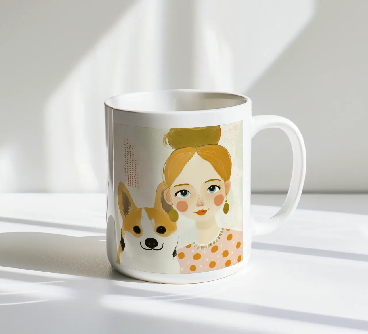 Estrosa ragazza bionda di metà secolo con Corgi sorridente tazza in ceramica da Modern Muse