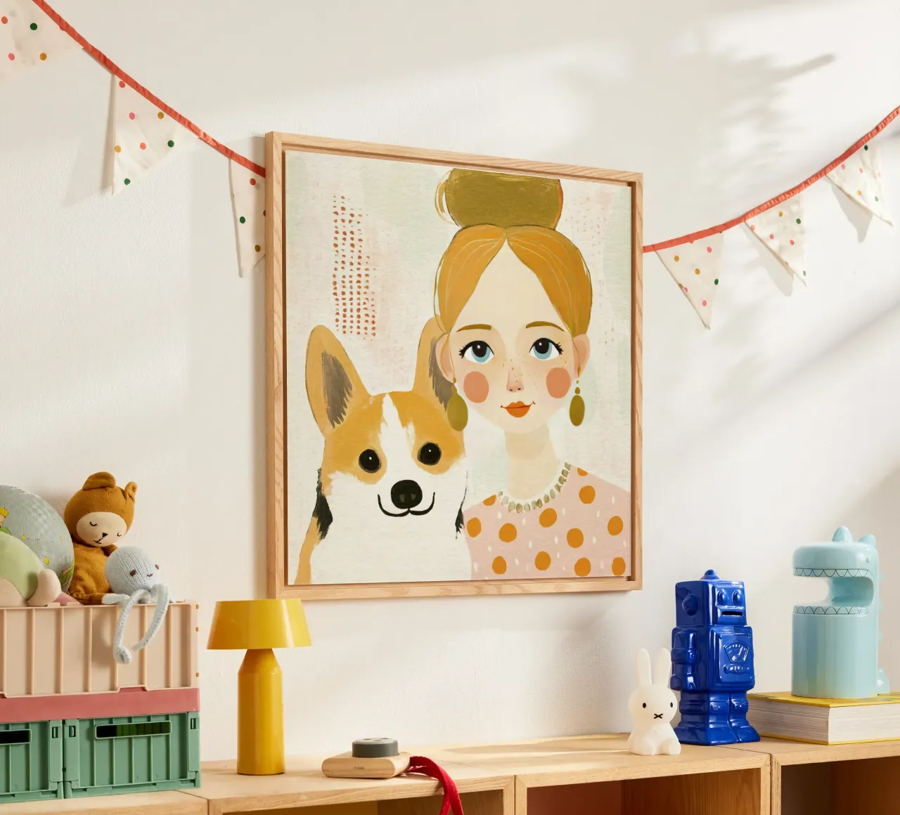 Estrosa ragazza bionda di metà secolo con Corgi sorridente plexiglass da Modern Muse
