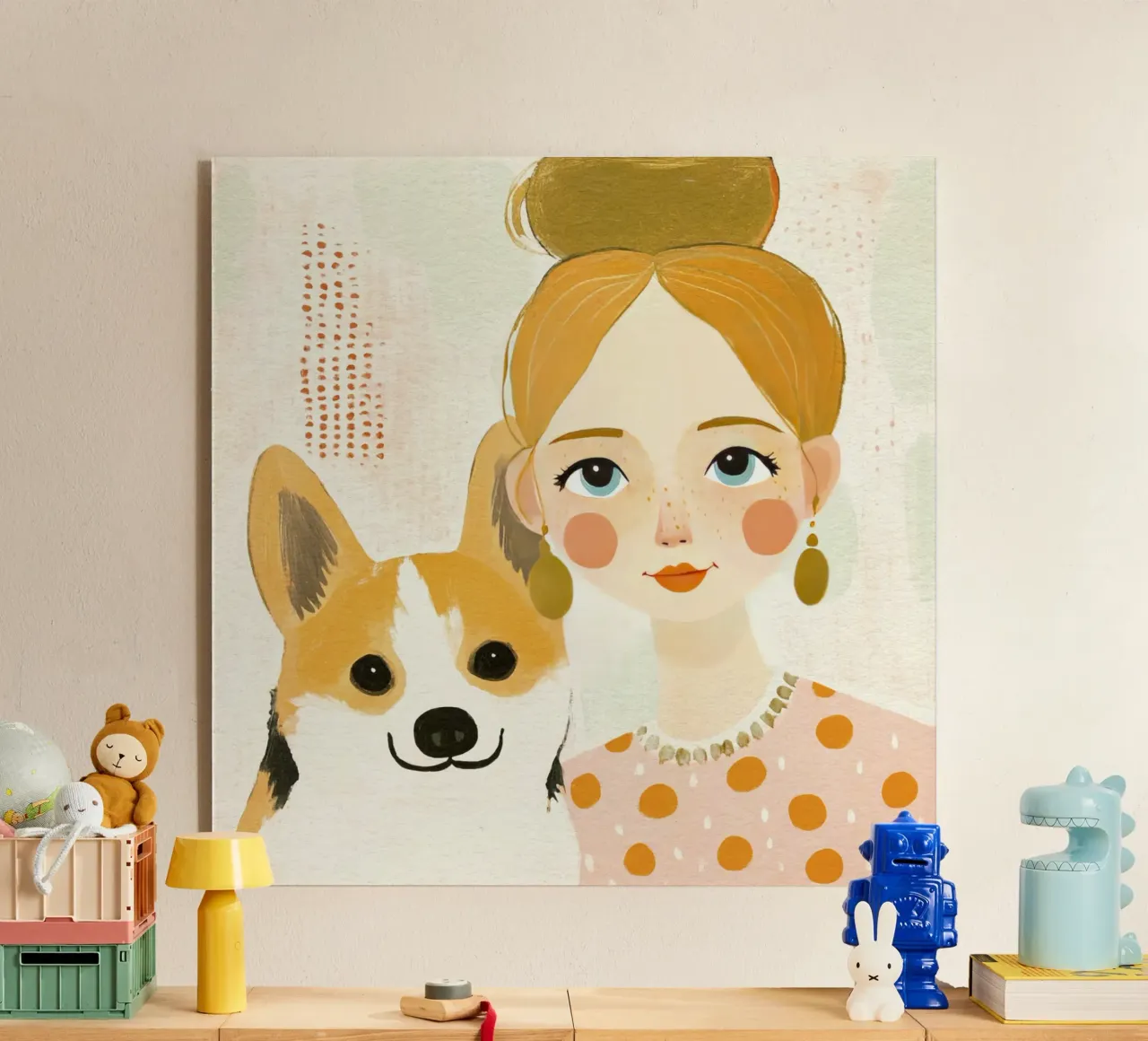Estrosa ragazza bionda di metà secolo con Corgi sorridente plexiglass da Modern Muse