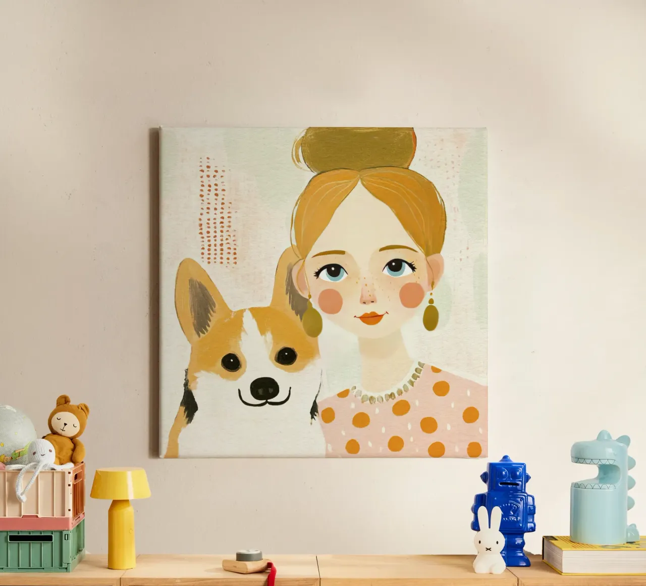 Caprichosa rubia de mediados de siglo con un corgi sonriente lienzo con Marco flotante de Modern Muse
