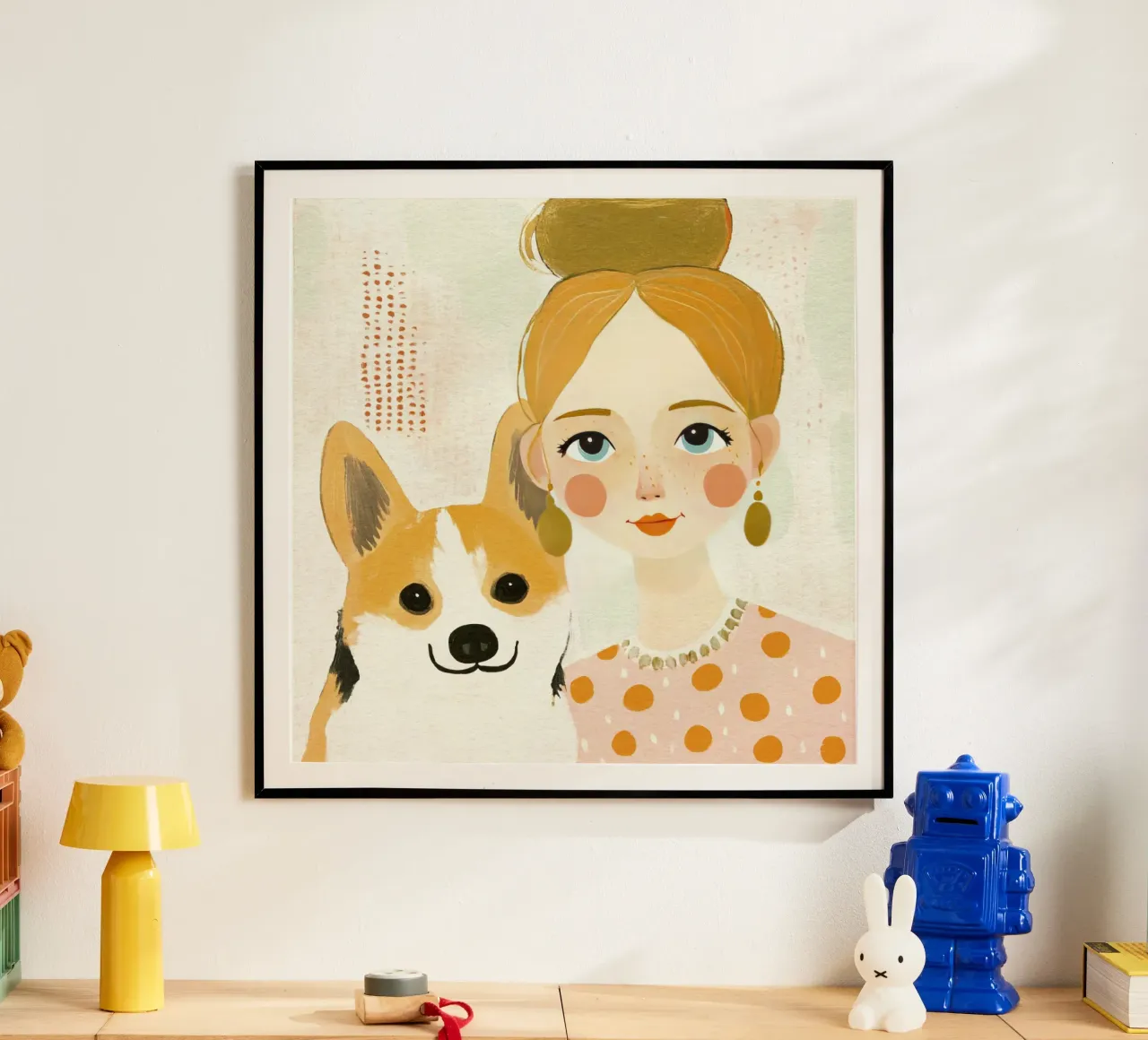 Estrosa ragazza bionda di metà secolo con Corgi sorridente carta hahnemühle da Modern Muse