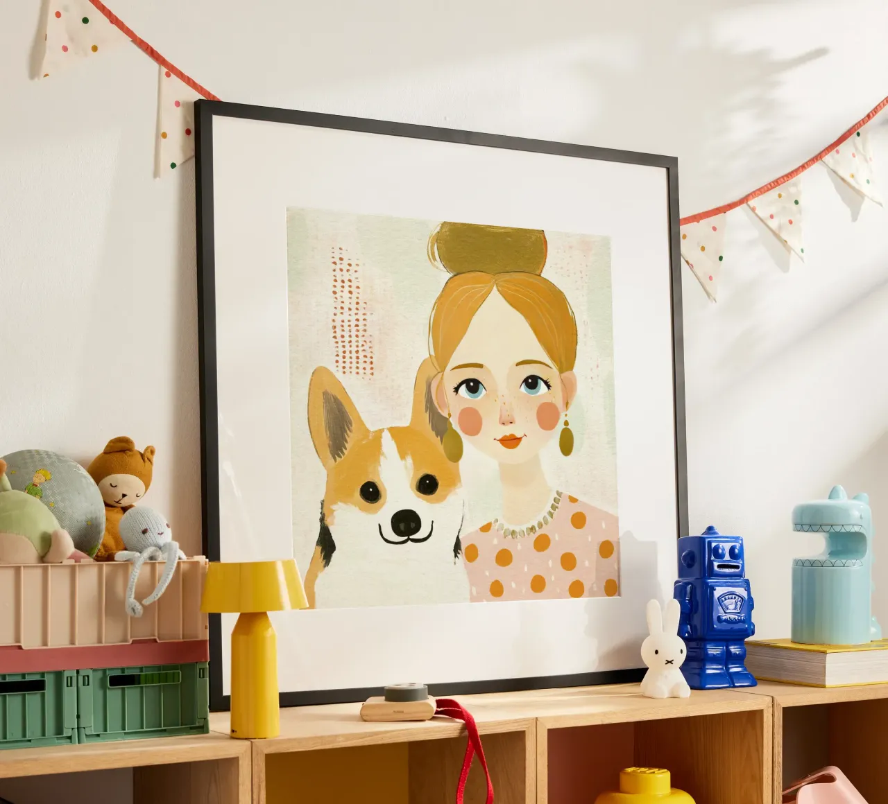 Estrosa ragazza bionda di metà secolo con Corgi sorridente carta hahnemühle da Modern Muse