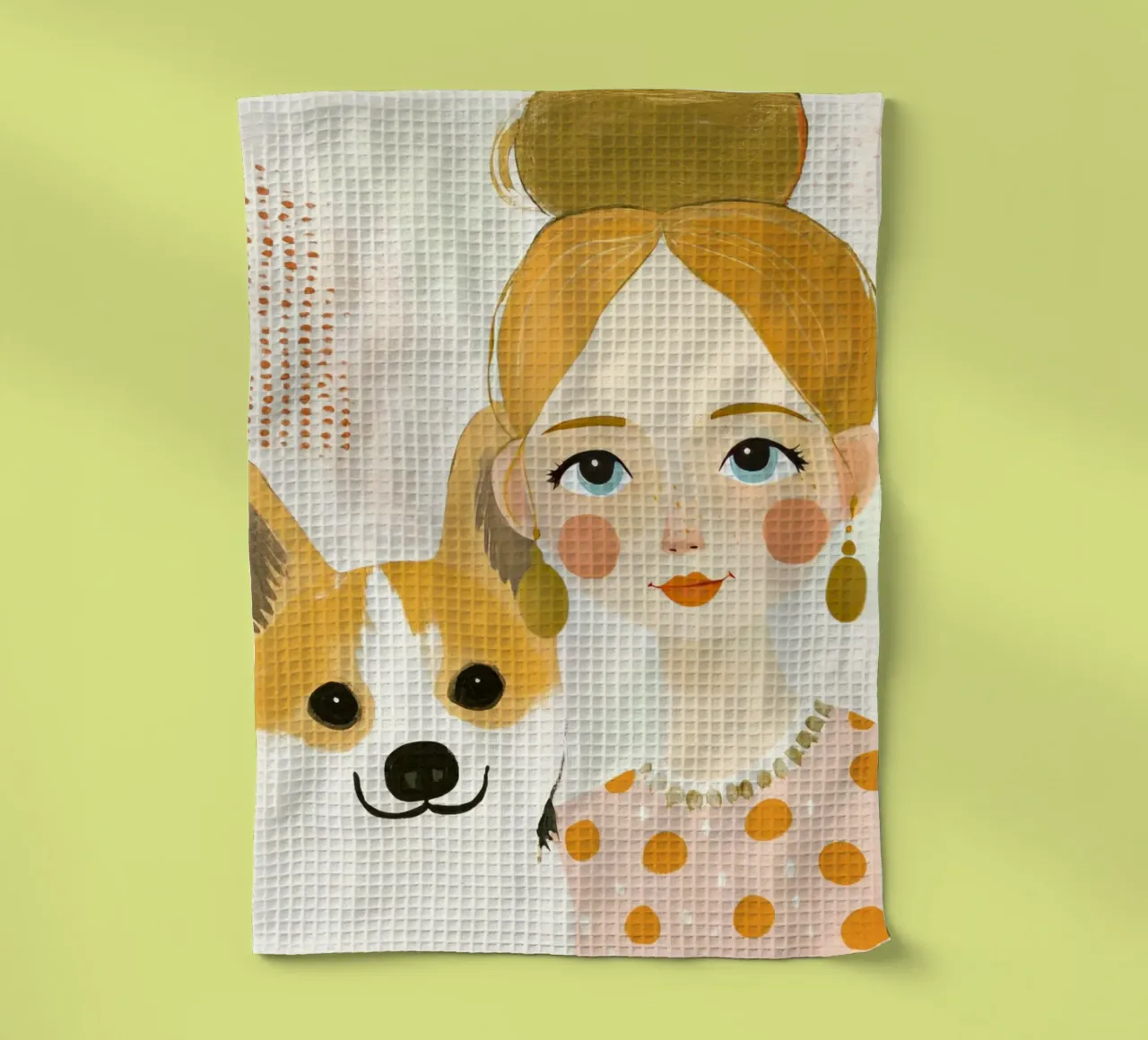 Estrosa ragazza bionda di metà secolo con Corgi sorridente canovaccio da cucina da Modern Muse