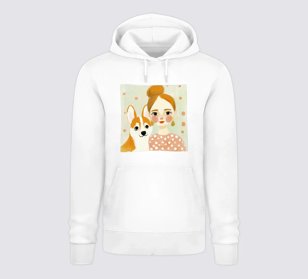 Estrosa ragazza bionda di metà secolo con corgi sorridente felpa con cappuccio da Modern Muse