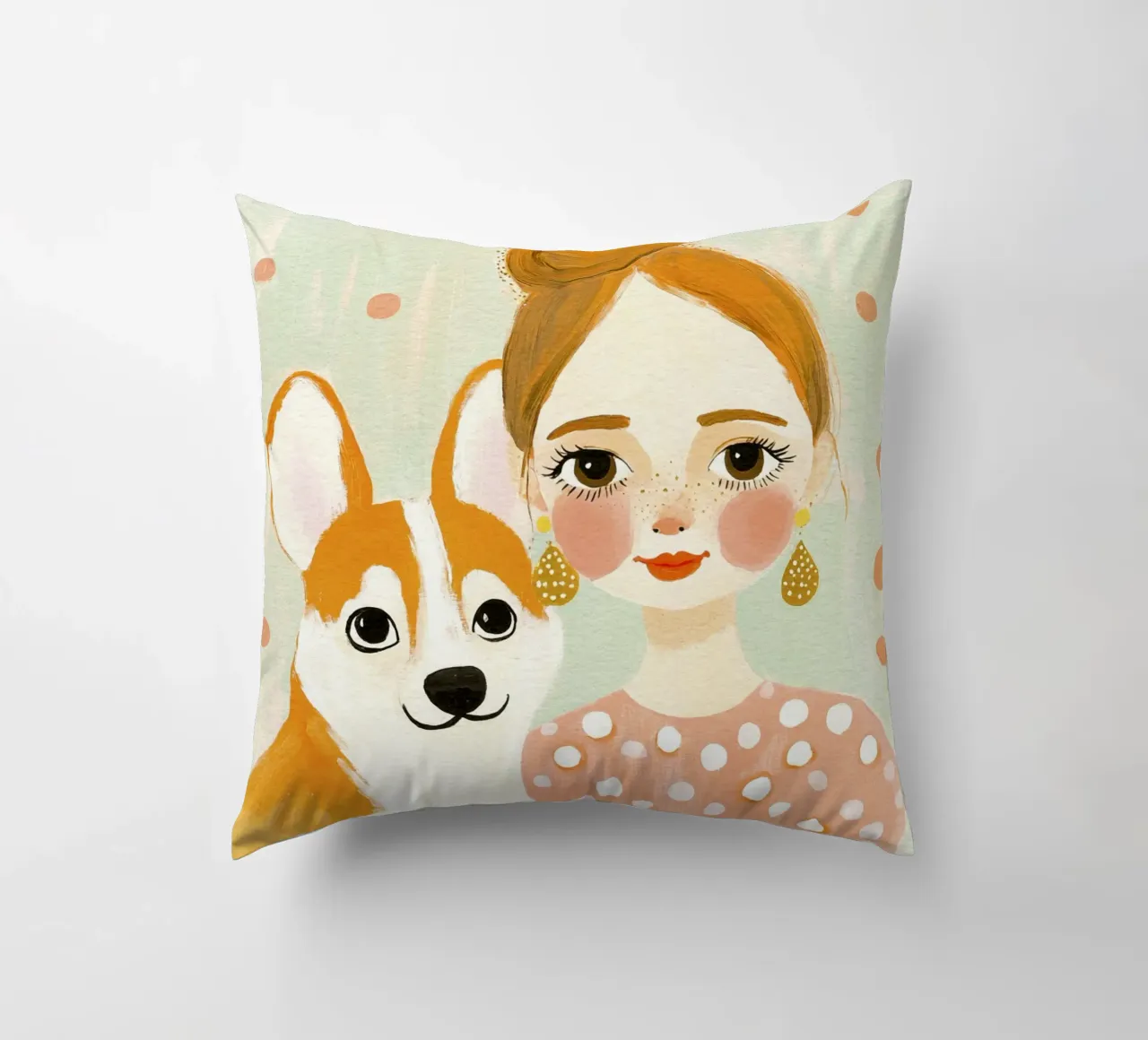 Estrosa ragazza bionda di metà secolo con corgi sorridente cuscino da Modern Muse
