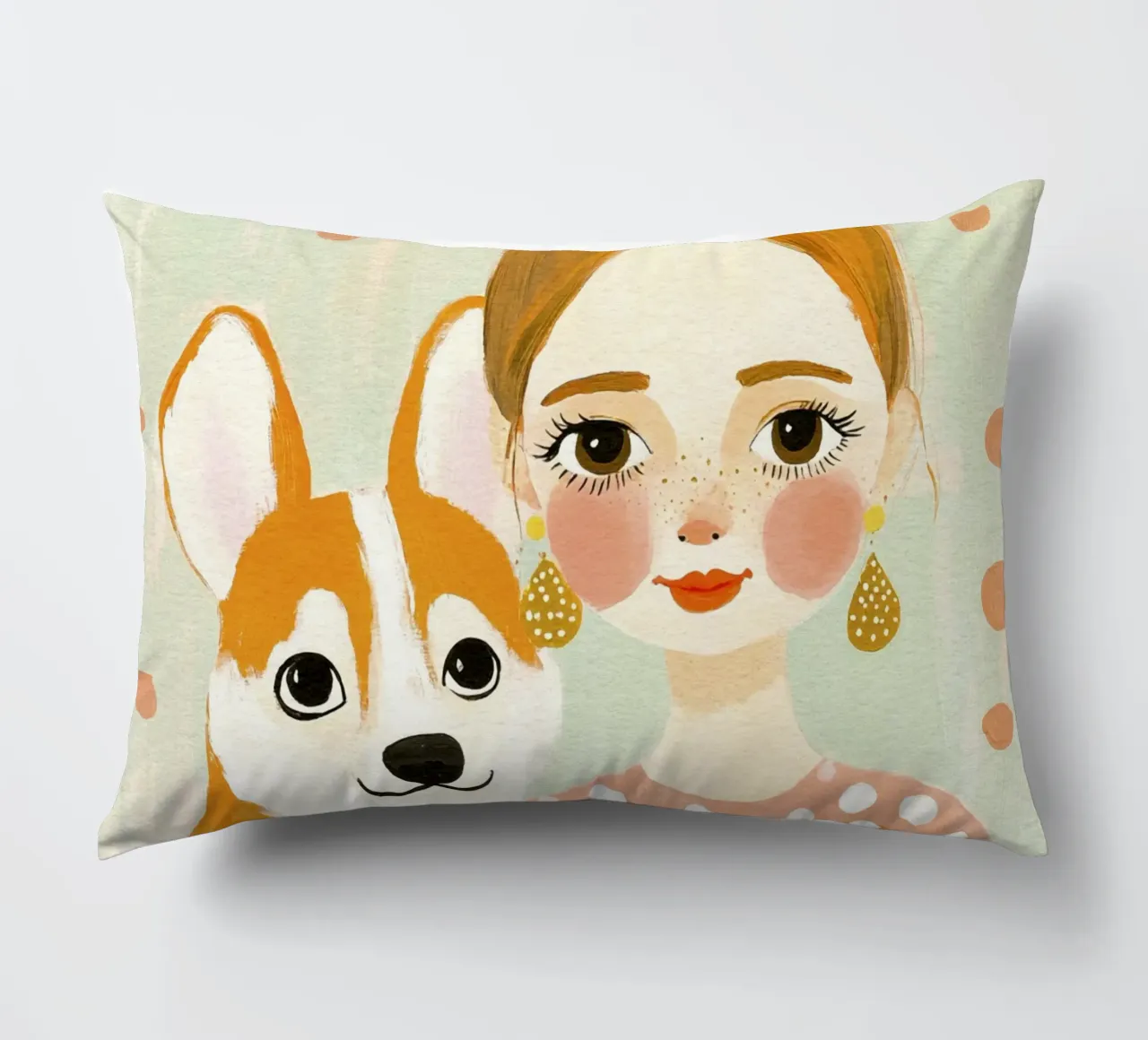 Estrosa ragazza bionda di metà secolo con corgi sorridente cuscino da Modern Muse