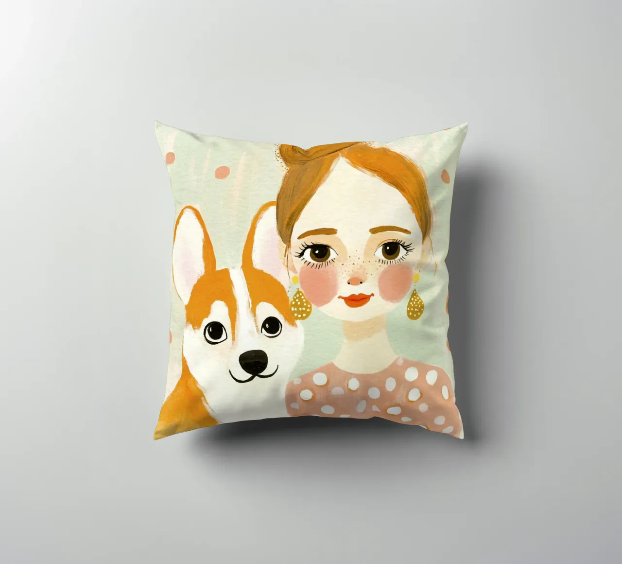 Estrosa ragazza bionda di metà secolo con corgi sorridente cuscino da Modern Muse