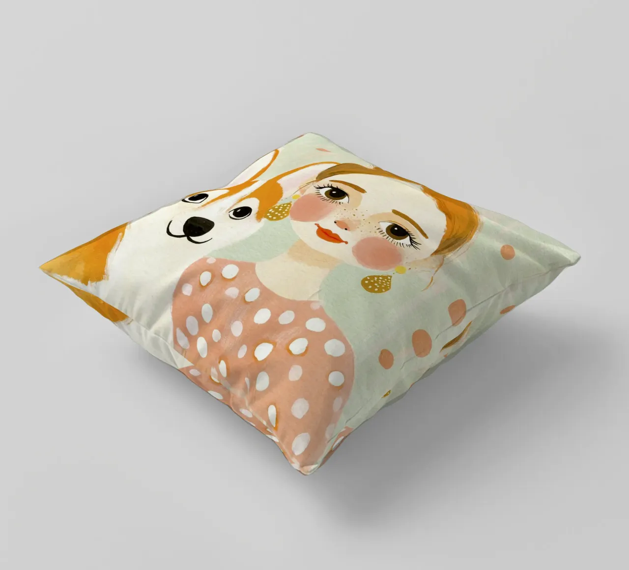 Estrosa ragazza bionda di metà secolo con corgi sorridente cuscino da Modern Muse