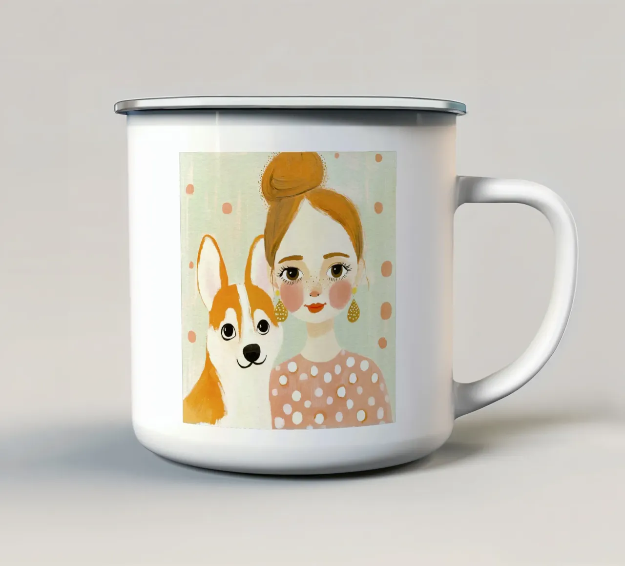 Estrosa ragazza bionda di metà secolo con corgi sorridente tazza in smalto da Modern Muse