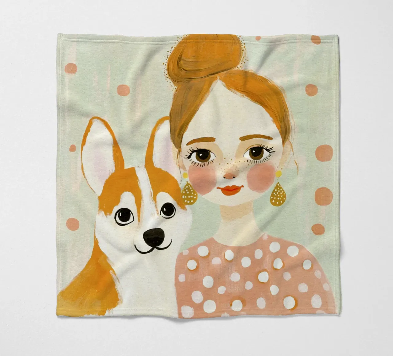 Estrosa ragazza bionda di metà secolo con corgi sorridente coperta in pile da Modern Muse
