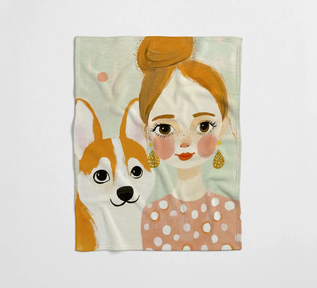 Estrosa ragazza bionda di metà secolo con corgi sorridente coperta in pile da Modern Muse