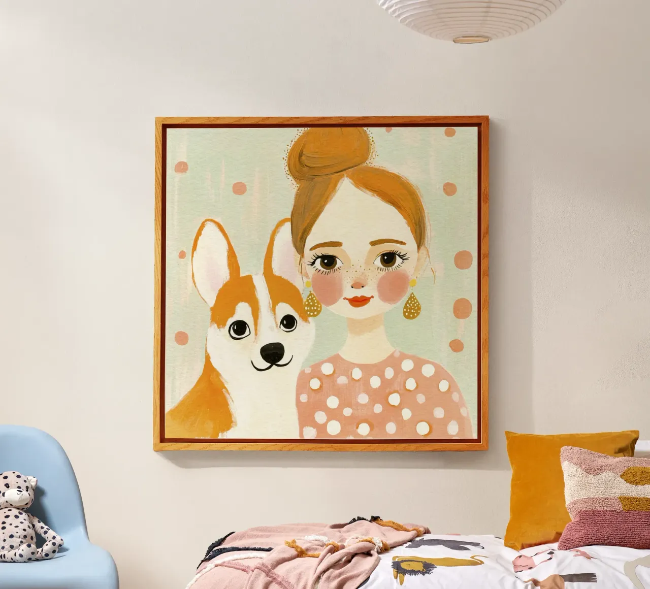 Caprichosa rubia de mediados de siglo con un corgi sonriente metacrilato de Modern Muse