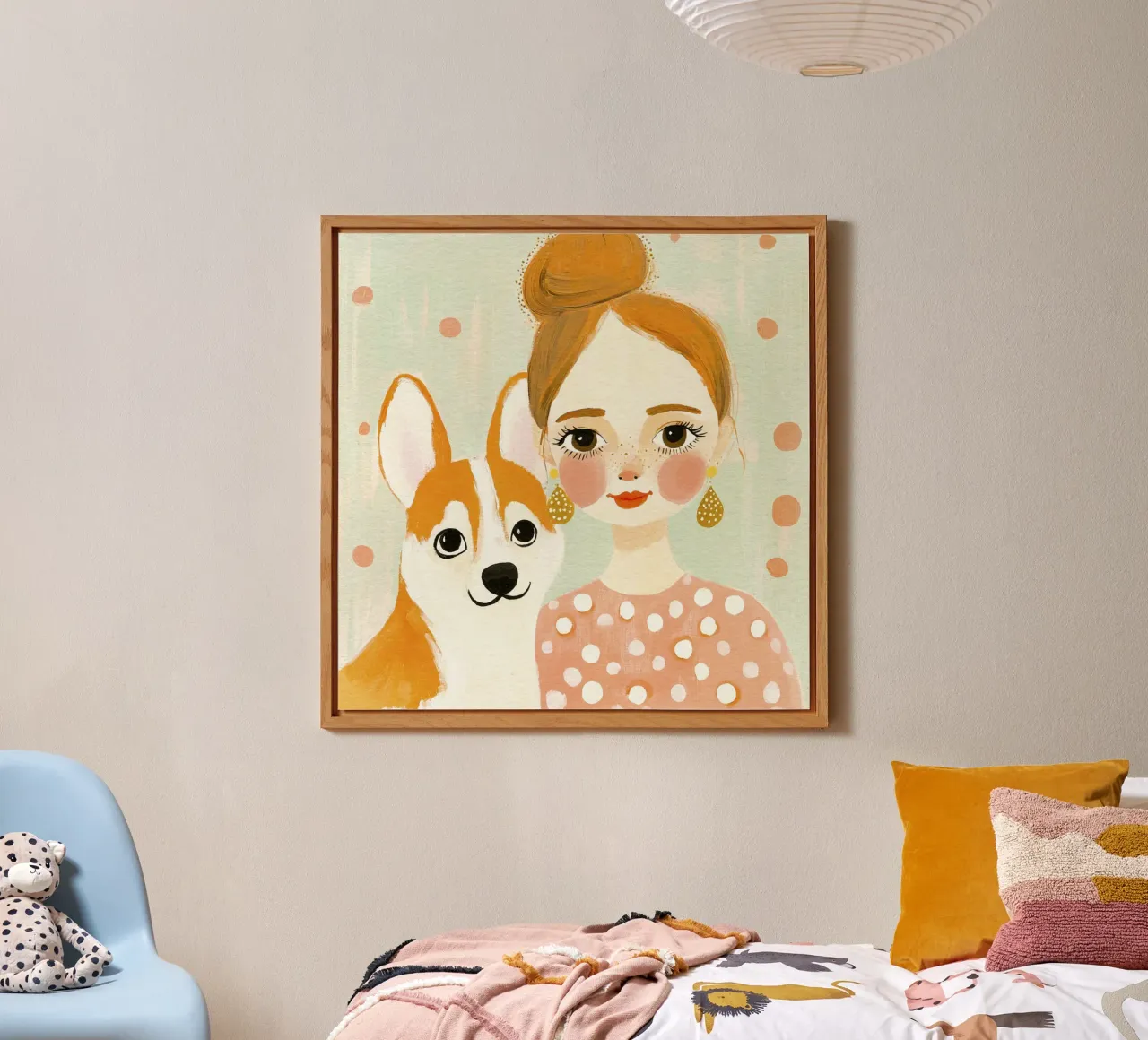 Estrosa ragazza bionda di metà secolo con corgi sorridente alluminio dibond da Modern Muse