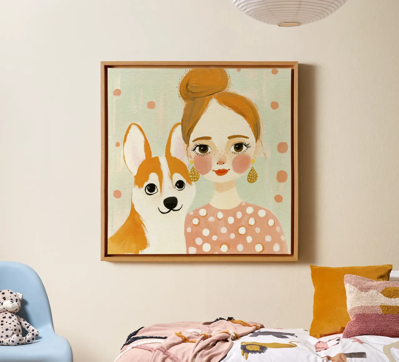 Caprichosa rubia de mediados de siglo con un corgi sonriente lienzo con Marco flotante de Modern Muse