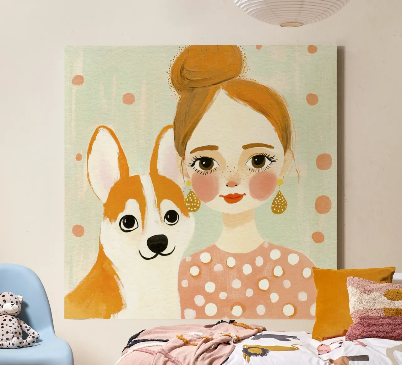 Caprichosa rubia de mediados de siglo con un corgi sonriente lienzo con Marco flotante de Modern Muse