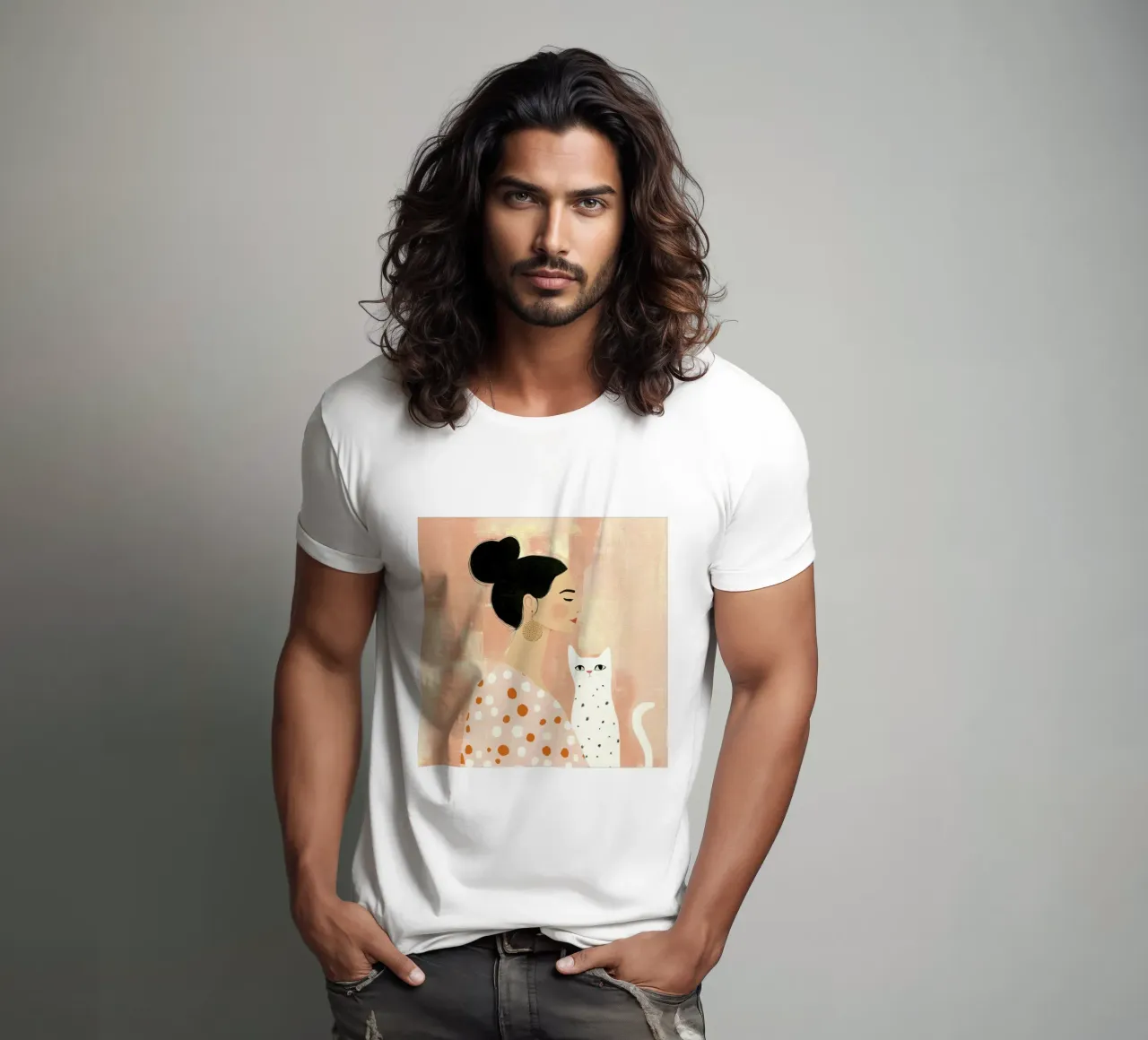 Stravagante ragazza di metà secolo dai capelli neri con gatto bianco t-shirt da Modern Muse