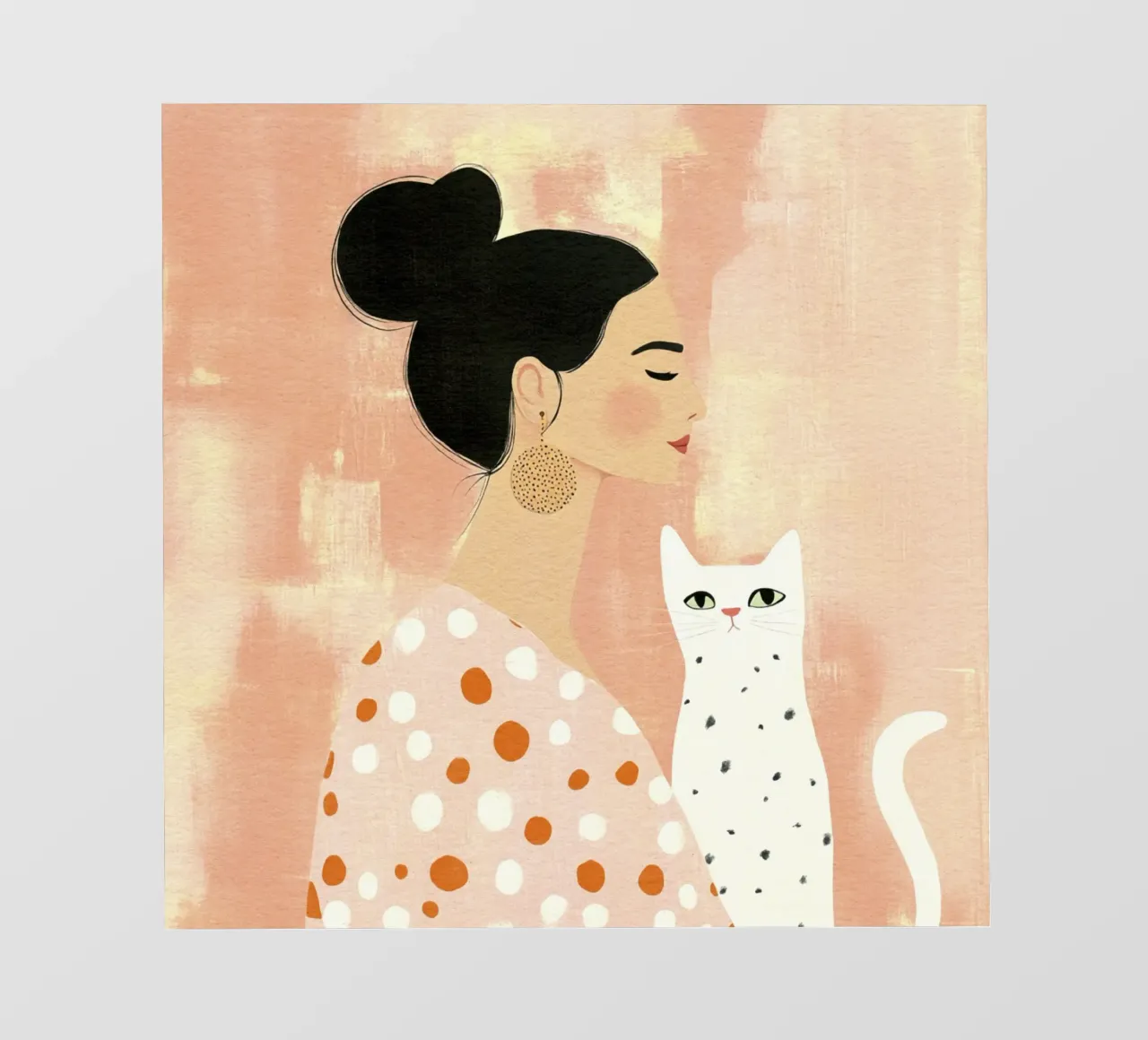 Stravagante ragazza di metà secolo dai capelli neri con gatto bianco telo in pvc da Modern Muse