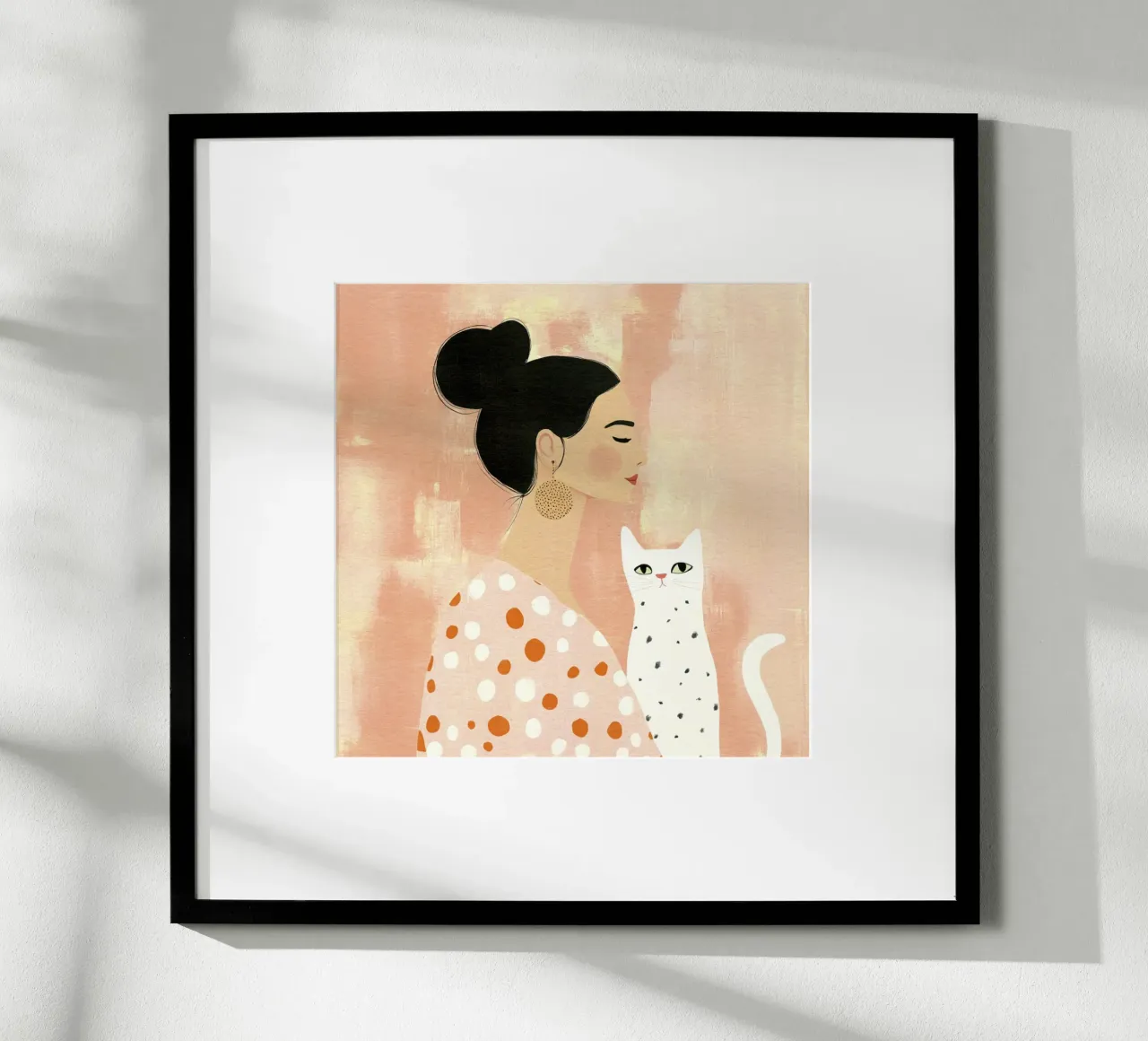 Stravagante ragazza di metà secolo dai capelli neri con gatto bianco carta hahnemühle da Modern Muse