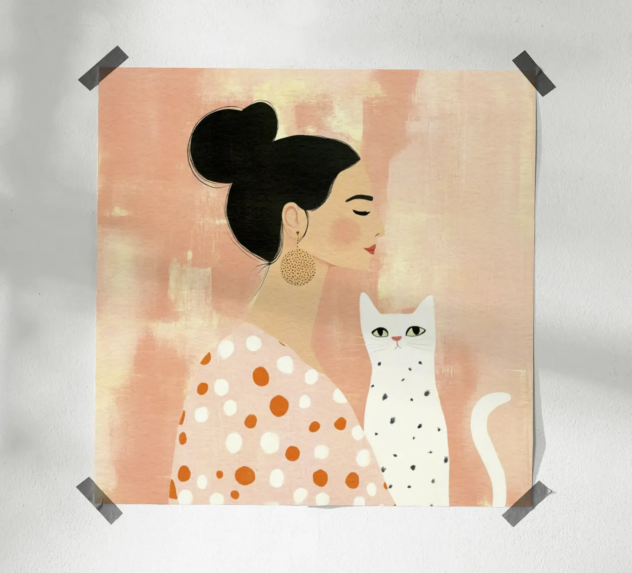 Stravagante ragazza di metà secolo dai capelli neri con gatto bianco carta hahnemühle da Modern Muse