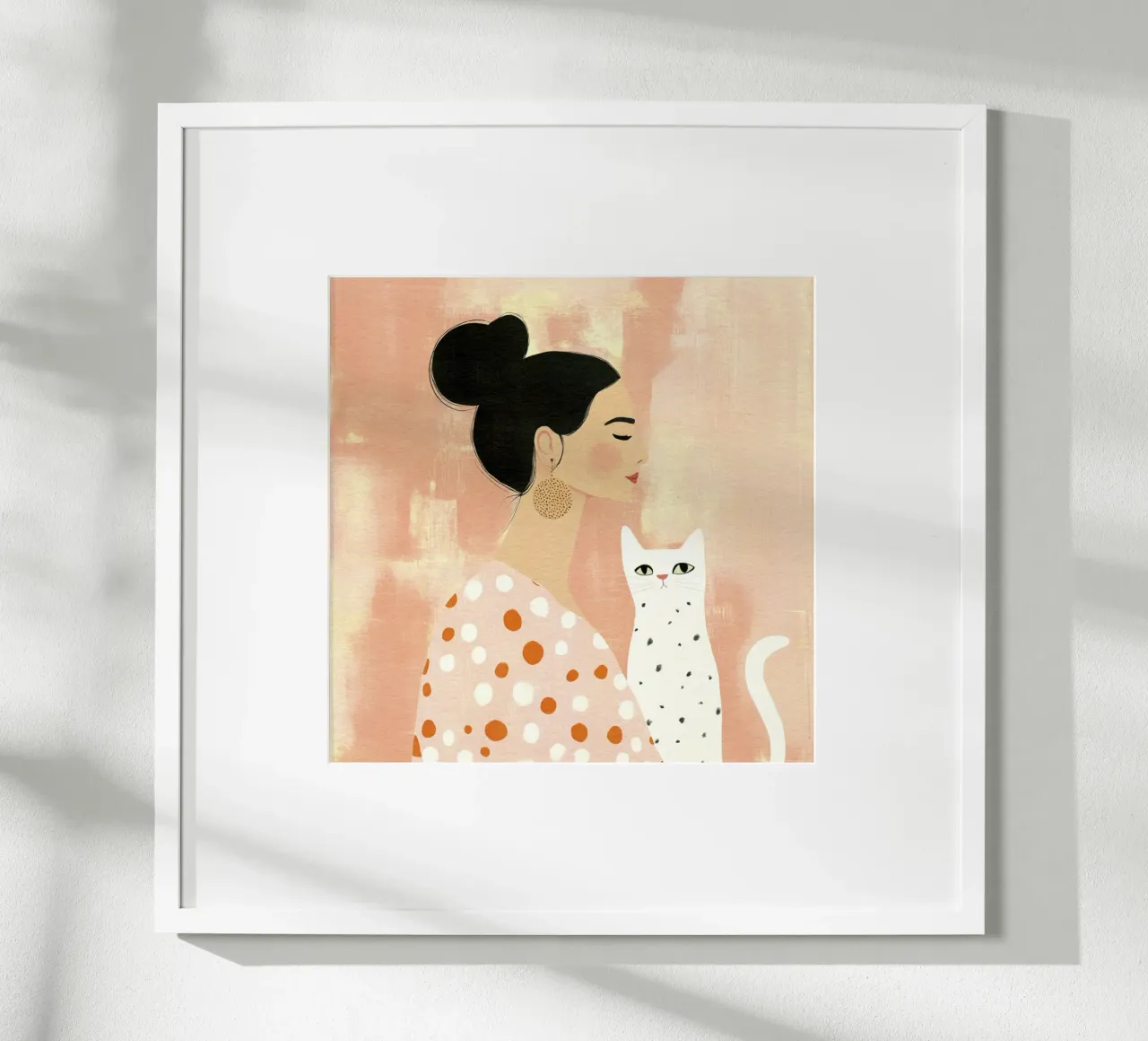 Stravagante ragazza di metà secolo dai capelli neri con gatto bianco carta hahnemühle da Modern Muse