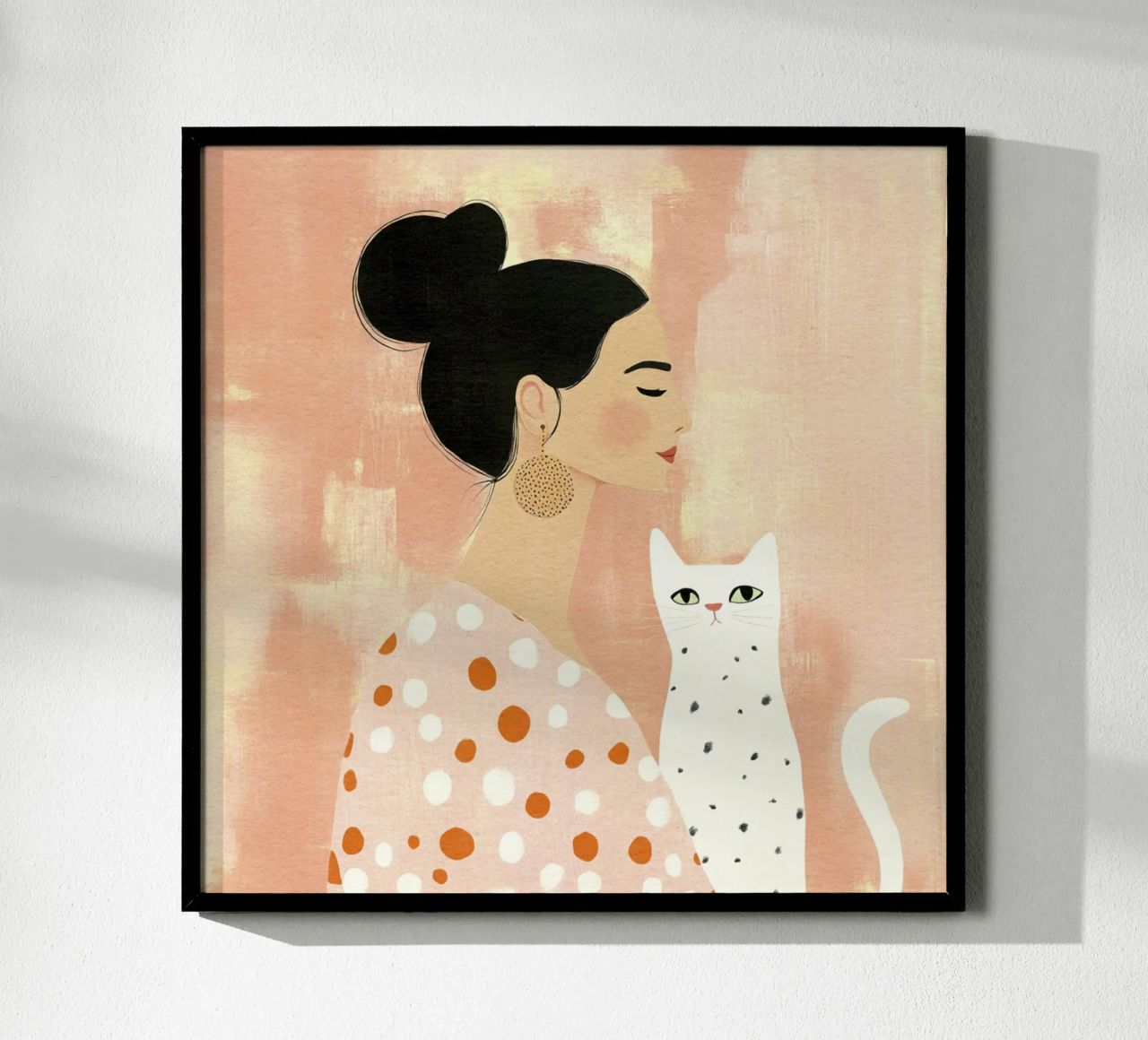 Skurriles schwarzhaariges Mädchen mit weißer Katze aus der Jahrhundertmitte Poster von Modern Muse