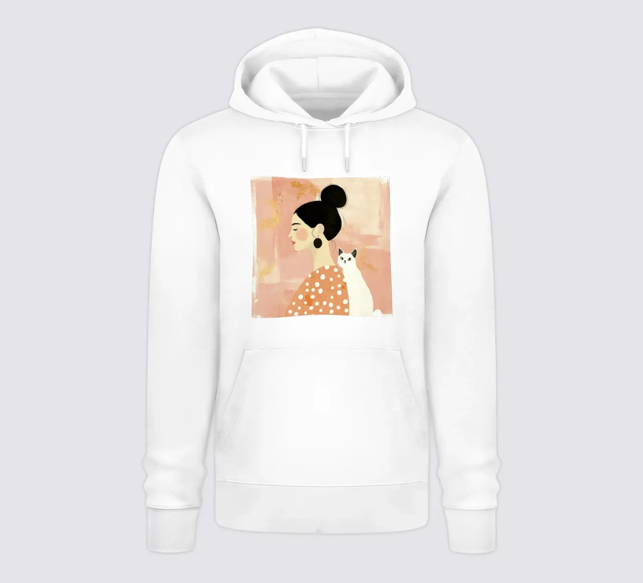 Whimsical Mid-Century Black-Haired Girl with White Cat hoodie by Modern Muse