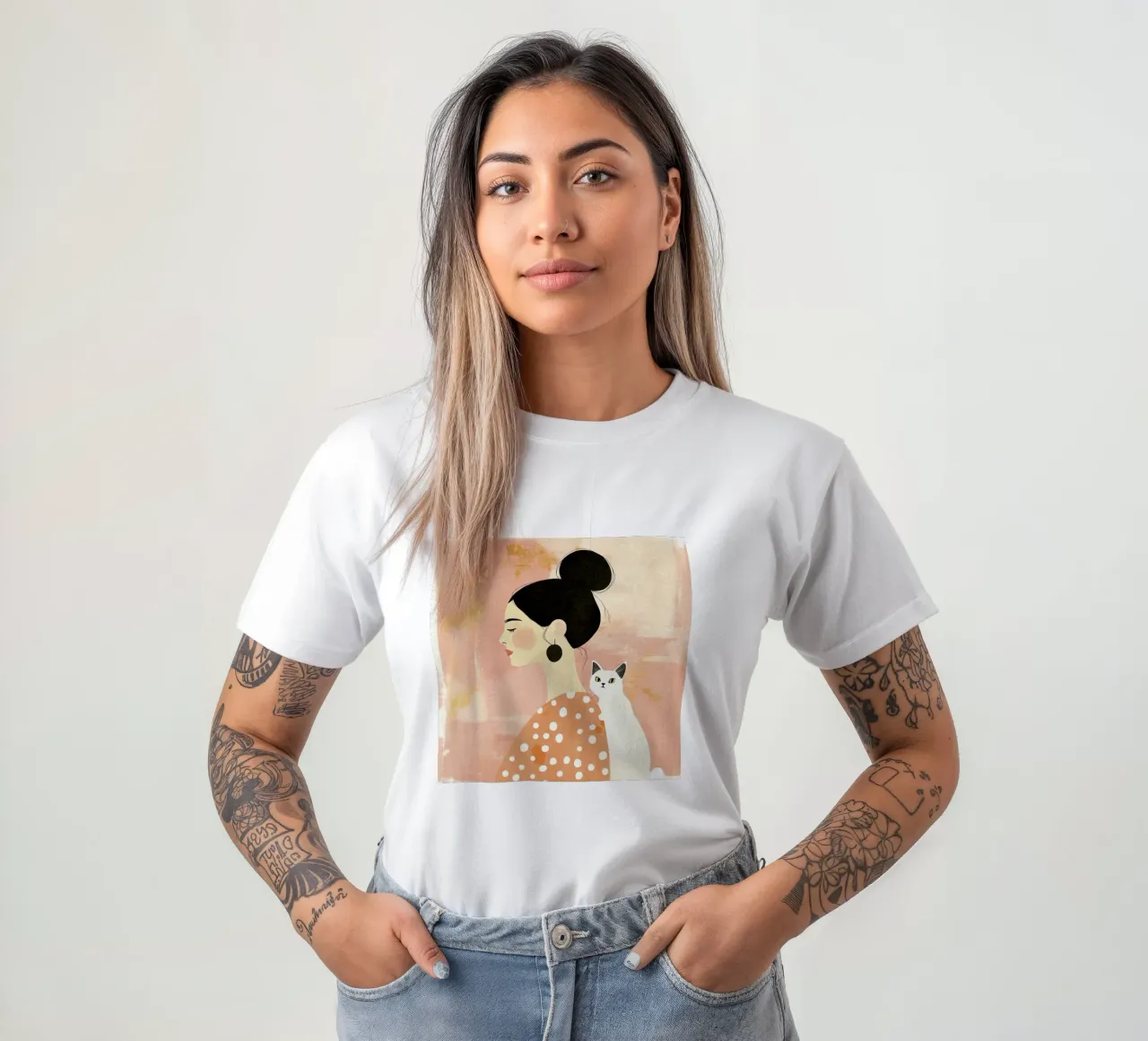 Caprichosa chica de pelo negro de mediados de siglo con gato blanco camiseta de Modern Muse