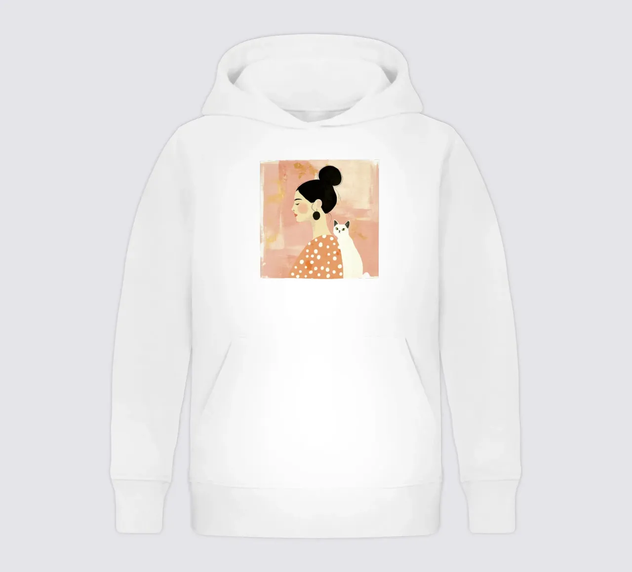 Whimsical Mid-Century Black-Haired Girl with White Cat kids hoodie by Modern Muse