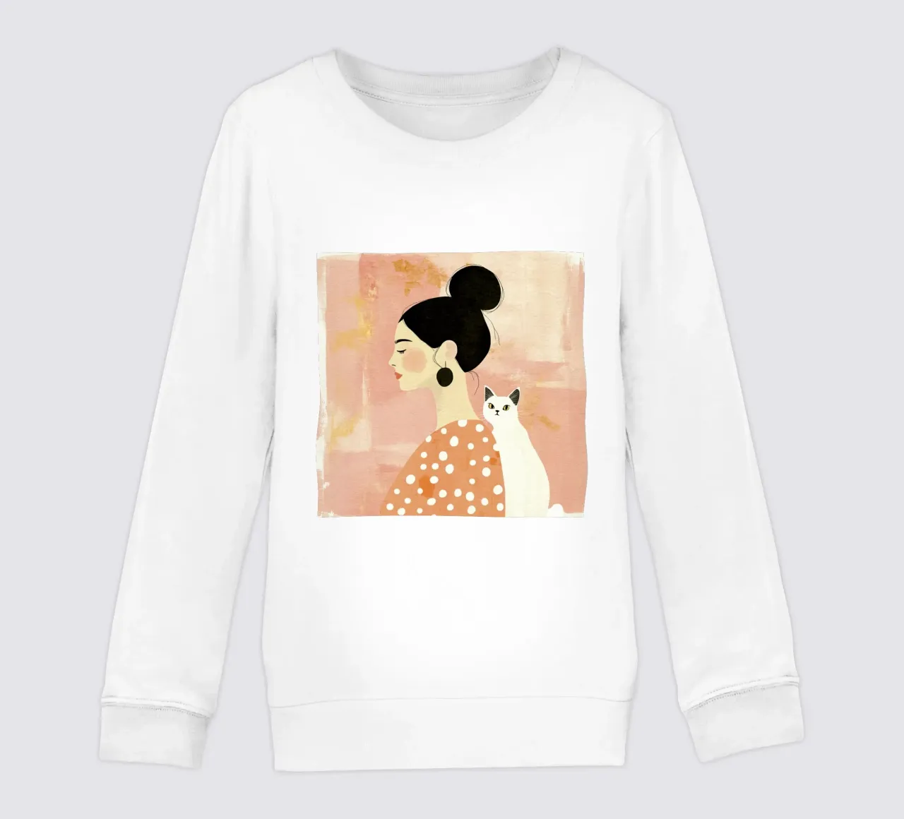 Whimsical Mid-Century Black-Haired Girl with White Cat kids sweatshirt by Modern Muse