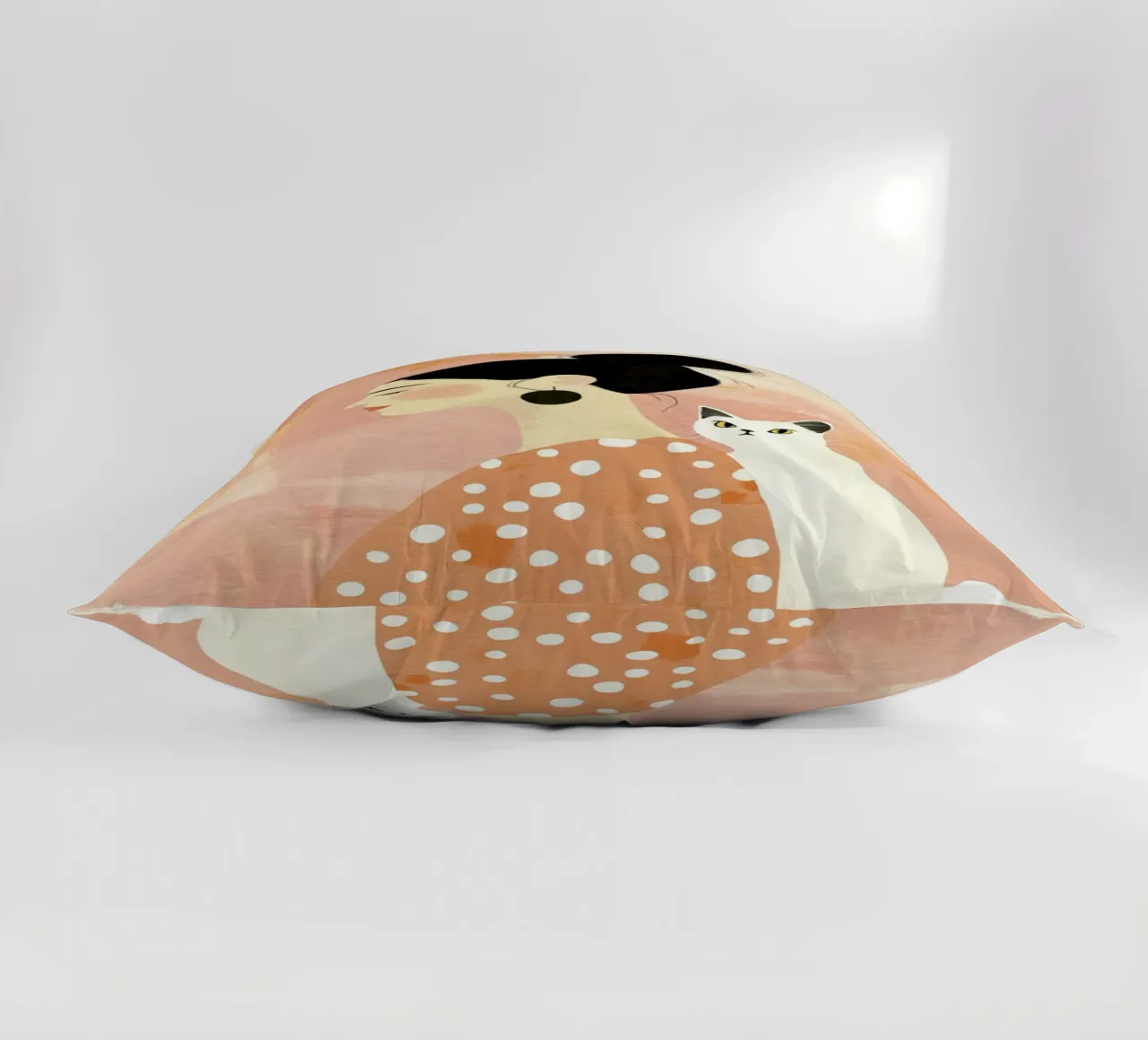 Whimsical Mid-Century Black-Haired Girl with White Cat decorative cushion by Modern Muse