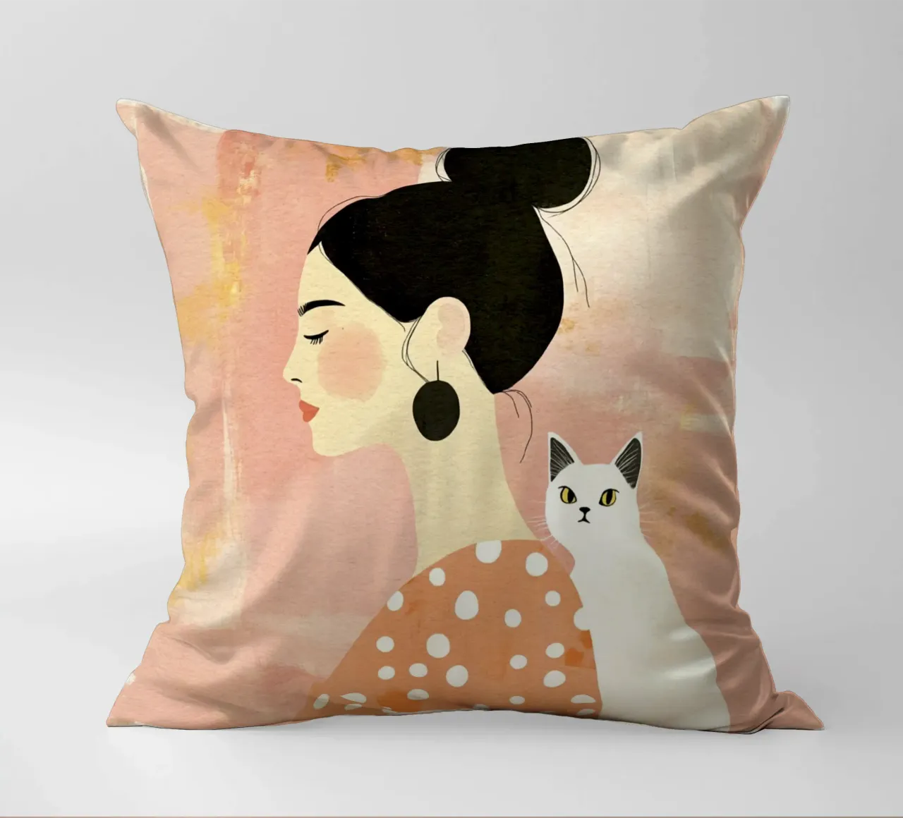 Whimsical Mid-Century Black-Haired Girl with White Cat decorative cushion by Modern Muse