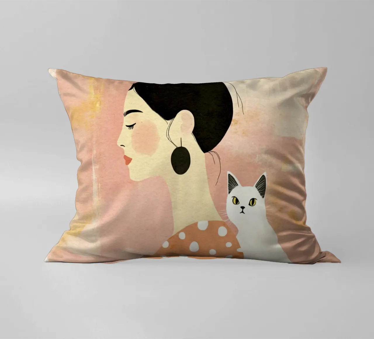 Whimsical Mid-Century Black-Haired Girl with White Cat decorative cushion by Modern Muse