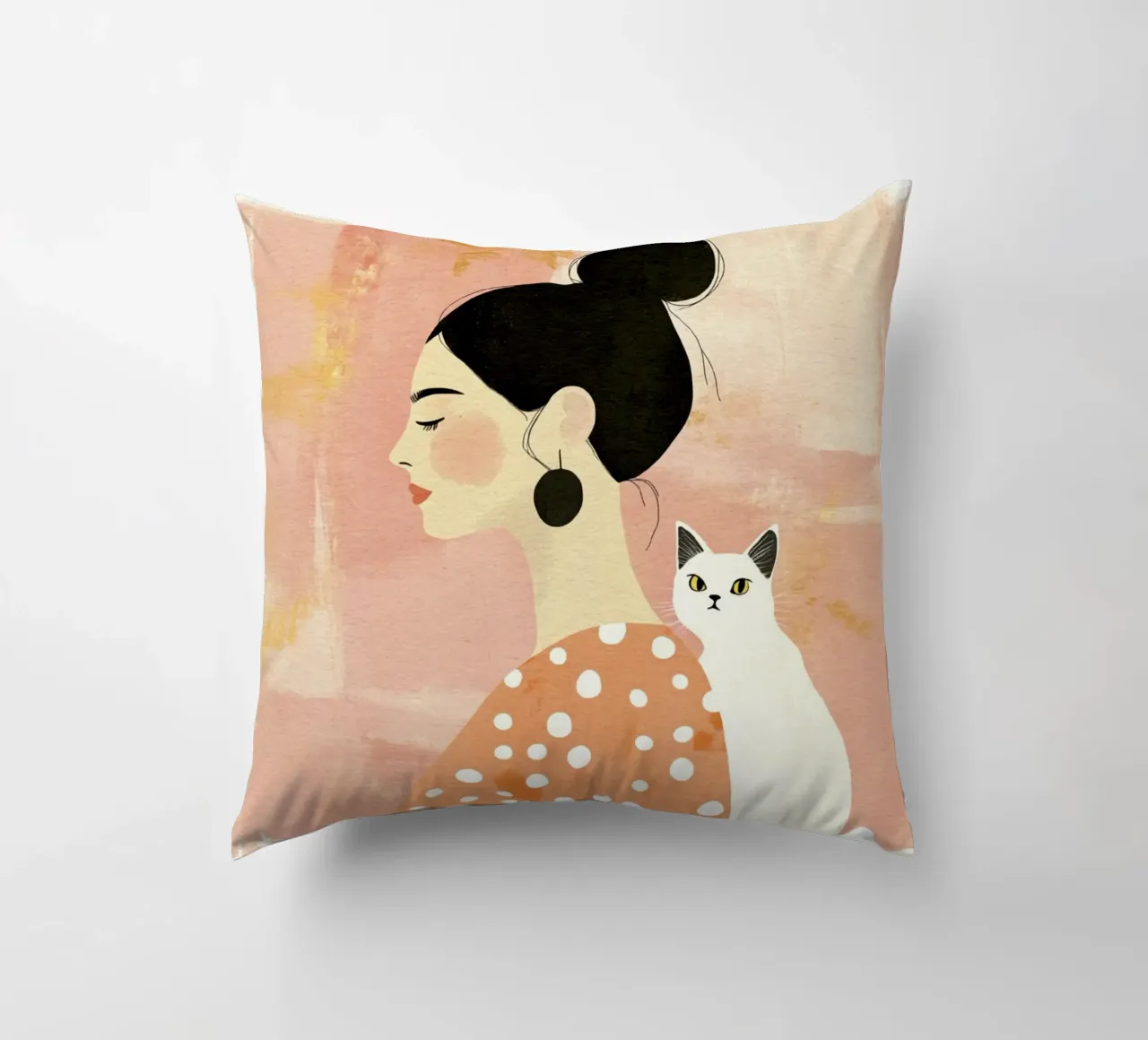 Whimsical Mid-Century Black-Haired Girl with White Cat decorative cushion by Modern Muse
