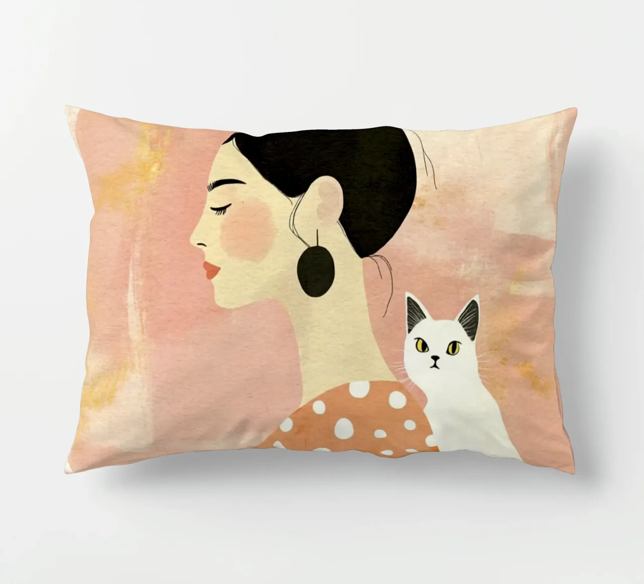 Whimsical Mid-Century Black-Haired Girl with White Cat decorative cushion by Modern Muse