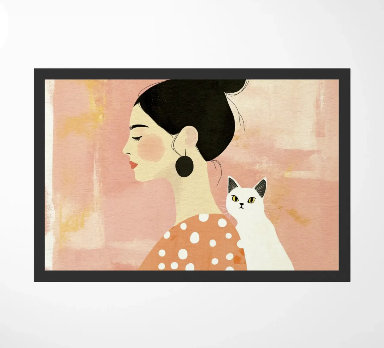 Stravagante ragazza di metà secolo dai capelli neri con gatto bianco zerbino da Modern Muse