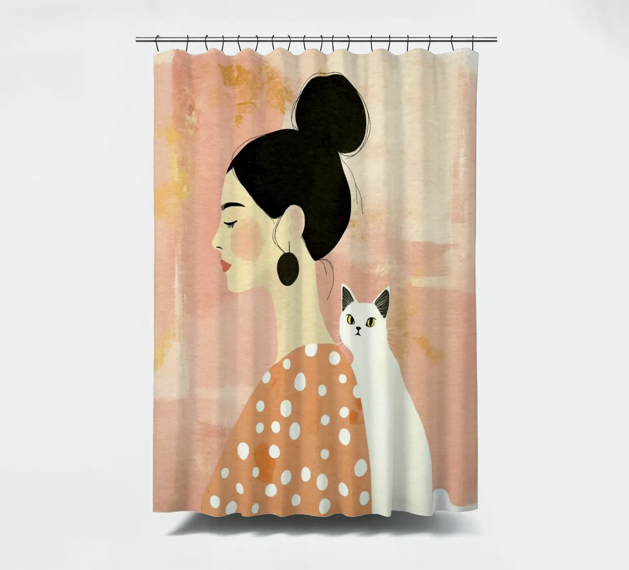 Whimsical Mid-Century Black-Haired Girl with White Cat shower curtain by Modern Muse